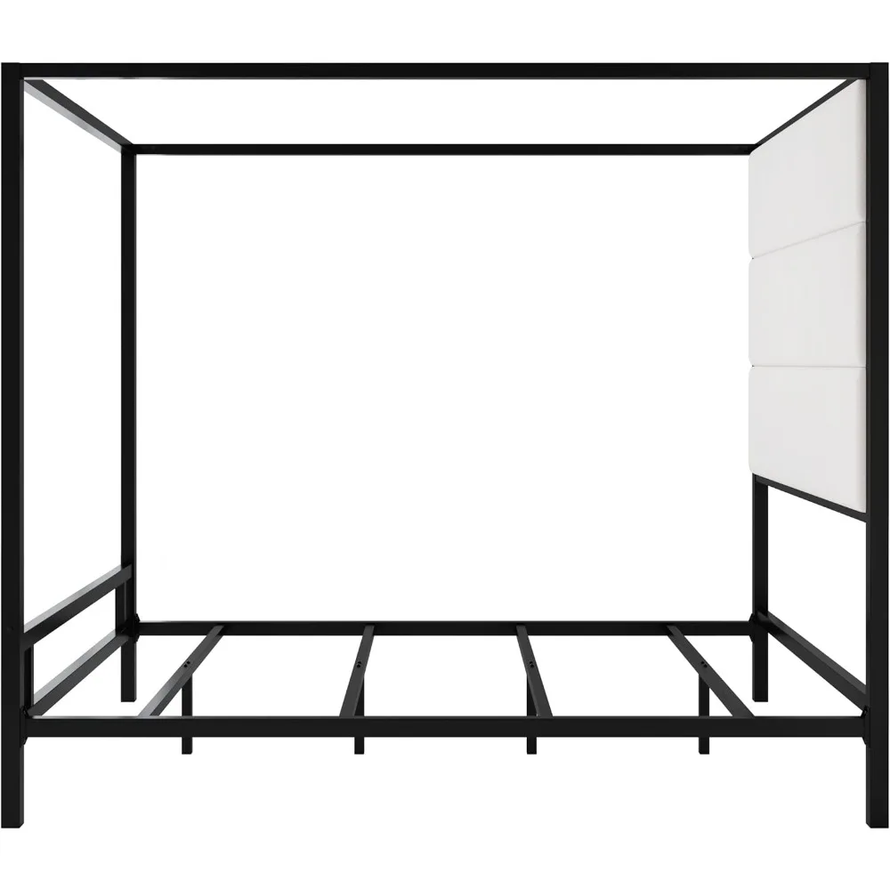 سرير بمظلة بحجم مع لوح رأسي منجد من القماش المخملي الطويل، إطار سرير بمظلة معدني بأربعة ملصقات، منصة مظلة كوين #5