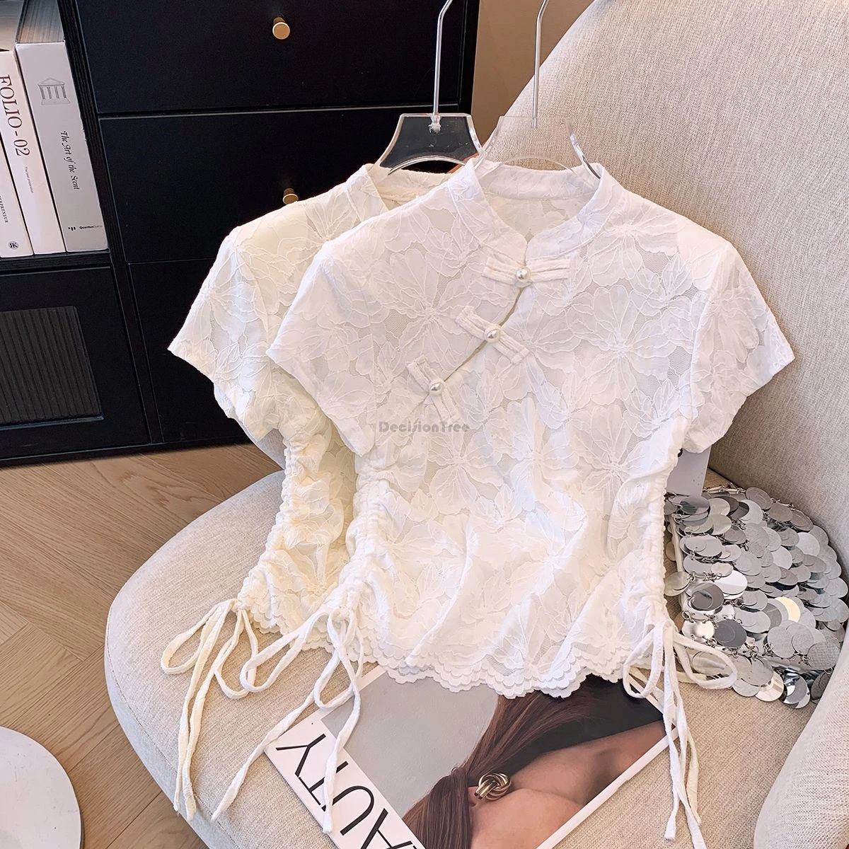 Summer chinese style short-sleeved shirt stand collar improved cheongsam women's blouse casual fashion lace daily qipao top