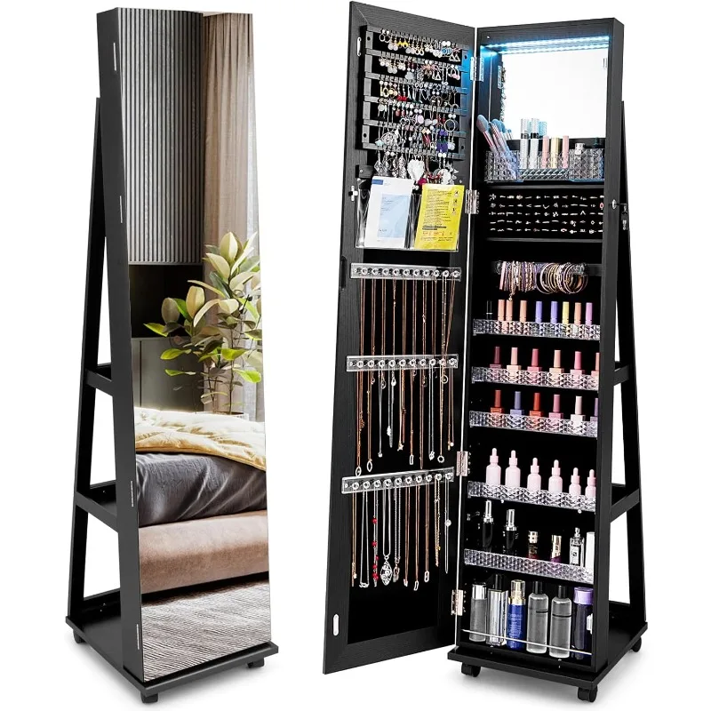 360° Rotating Jewelry Armoire, Lockable Jewelry Organizer with 3-Color LED Lights, Standing Jewelry Cabinet with Full-Length