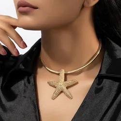 Colar gargantilha ajustável com pingente estrela do mar para mulheres, brincos grandes de metal, joias modernas, cor dourada, atacado