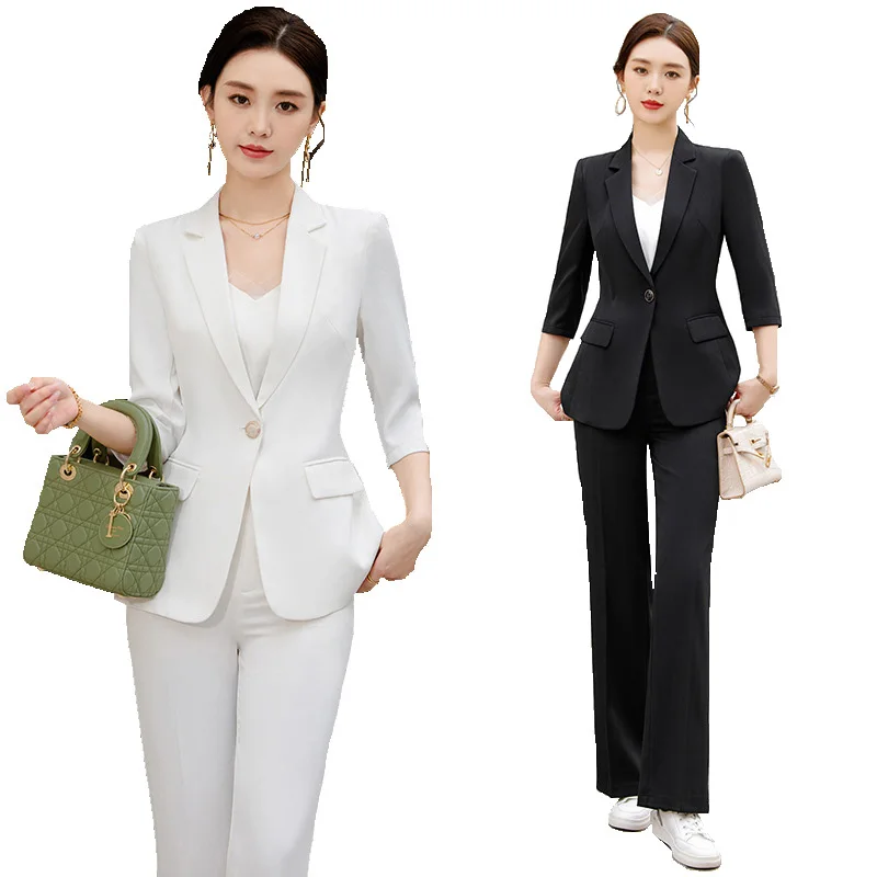 Office Pant Suits for Women Three Quarter Streetwear Casual Two Piece Set 2024 New Spring Summer Single Button Solid Pant Suits