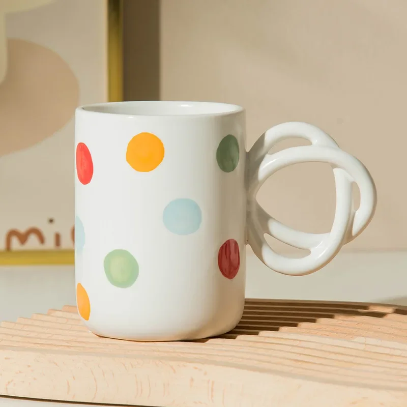 Korean ins hand drawn polka dot cute ceramic water cup office mug couple coffee cup breakfast milk mug