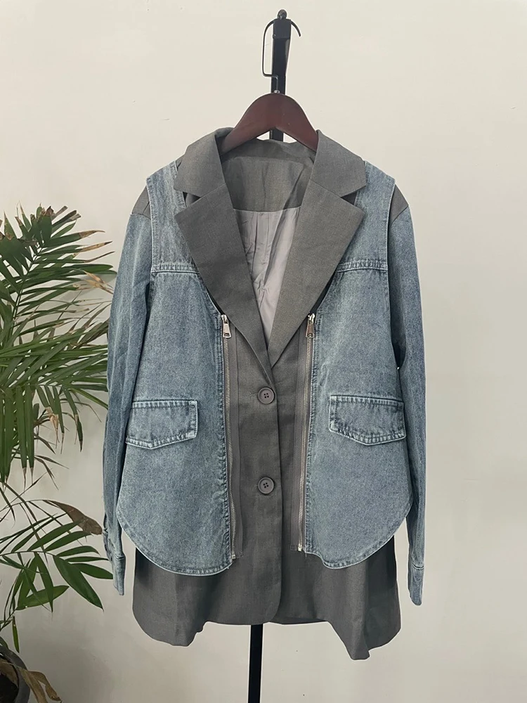 [EWQ] Casual Office Lady Denim Patchwork Suit Jacket Women\'s Fashion Casual Color Contrast Fake Two-piece Suit Trend 2024 Spring