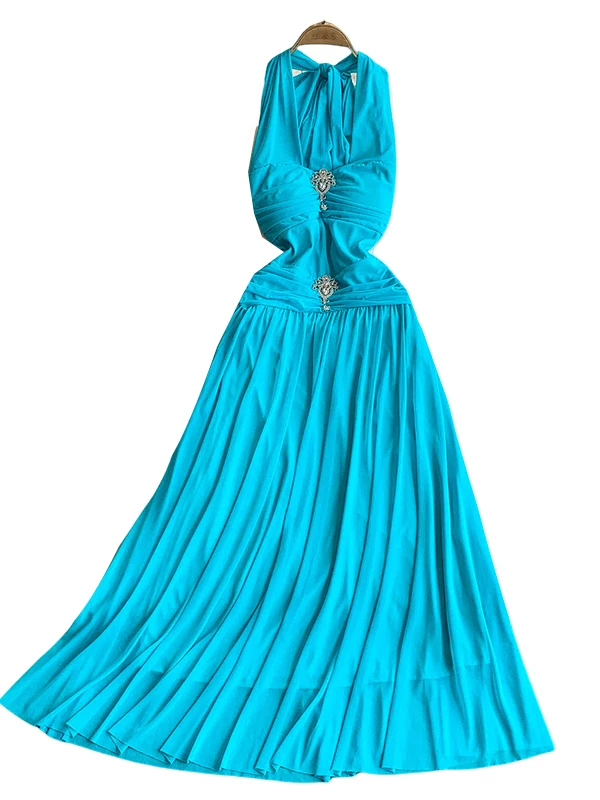 Ele bleu Long Dr femmes été Vaion Sle diamant décoré taille cintrée fée a-ligne Dr coréen Sle