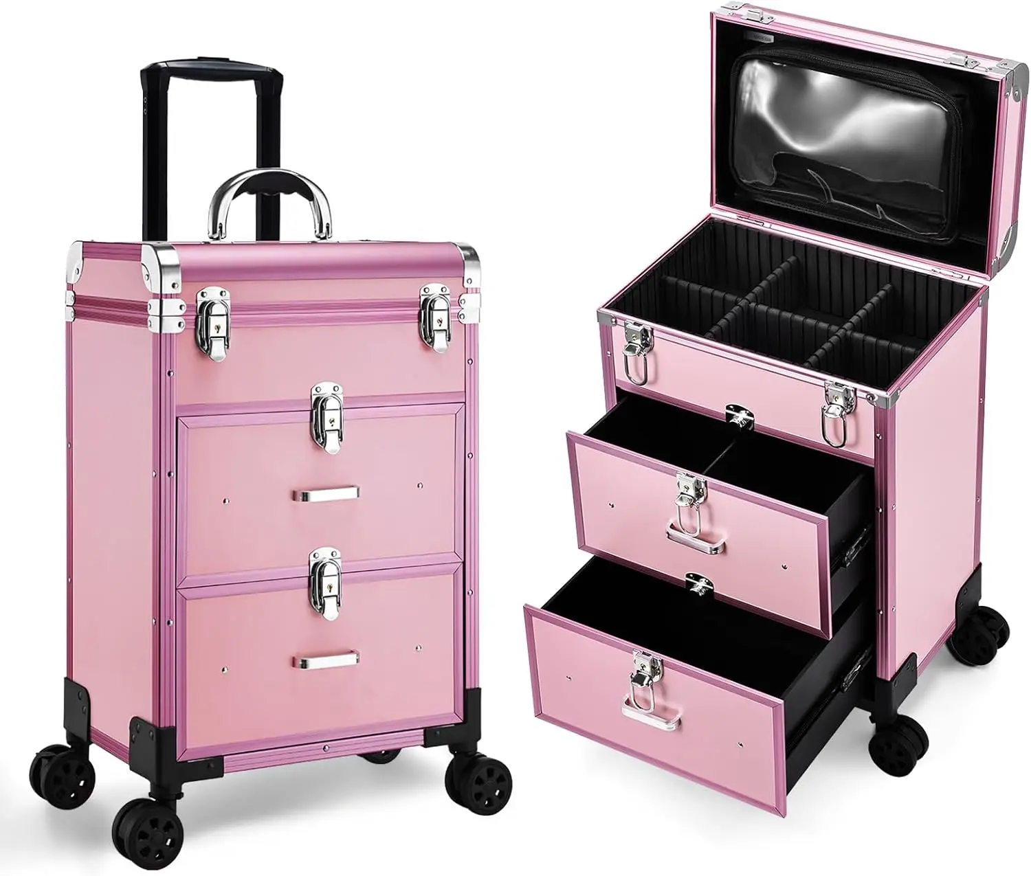 zzo Professional Rolling Makeup Train Case With Drawers, Large Cosmetic Trolley With Locks, Cosmetics Storage Organizer Make