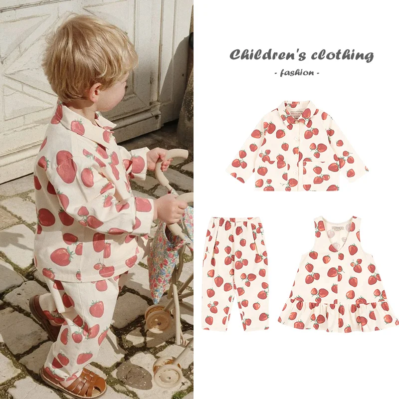 2025 Spring Strawberry Print Kids Girls Clothes KS Fashion Casual Boys' Shirts Jacket Pants Cute Sweet Girls' Dresses Costume