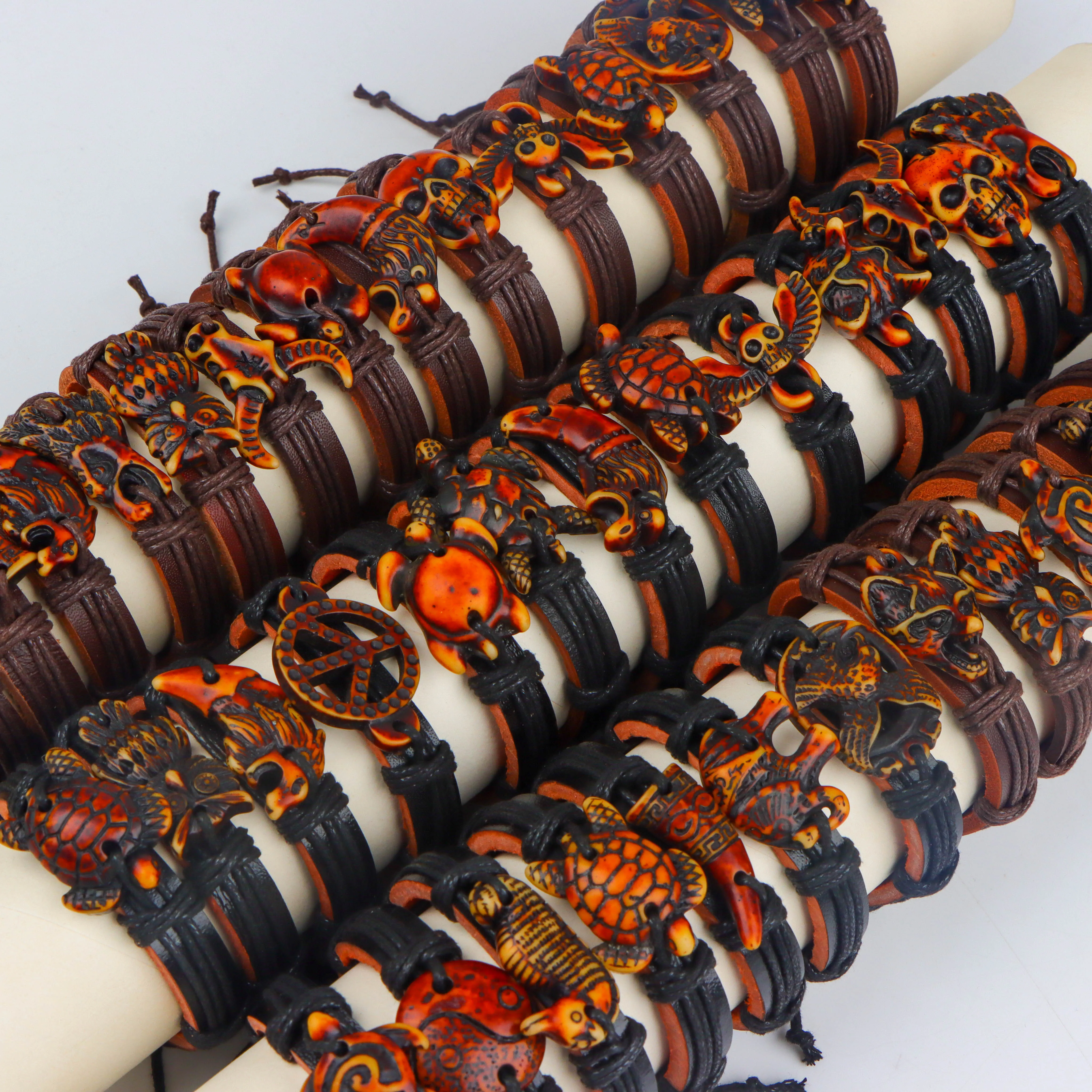 20Pcs/Lot Vintage Animal Adjustable Leather Bracelets Handmade Black/Brown Wristbands Men's Women's Jewelry Party Gift Mix Style image 3