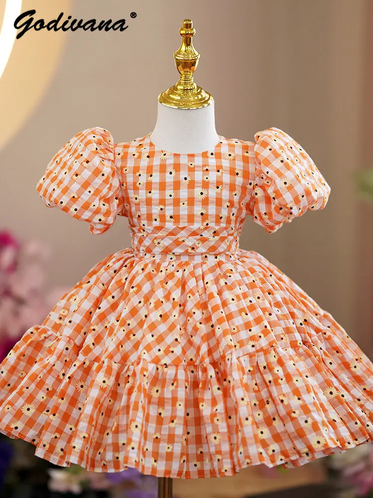 Little Girls Flower Wedding Princess Dress Kids High End Pure Cotton Puff Sleeve High Waist Plaid Host Piano Performance Gown
