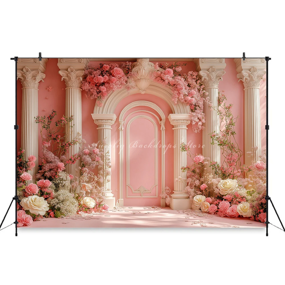 Pink Baroque Backgrounds Adult Family Photography Props Child Baby Decors Flower Column Arch Bookshelv Photo Studio Backdrops