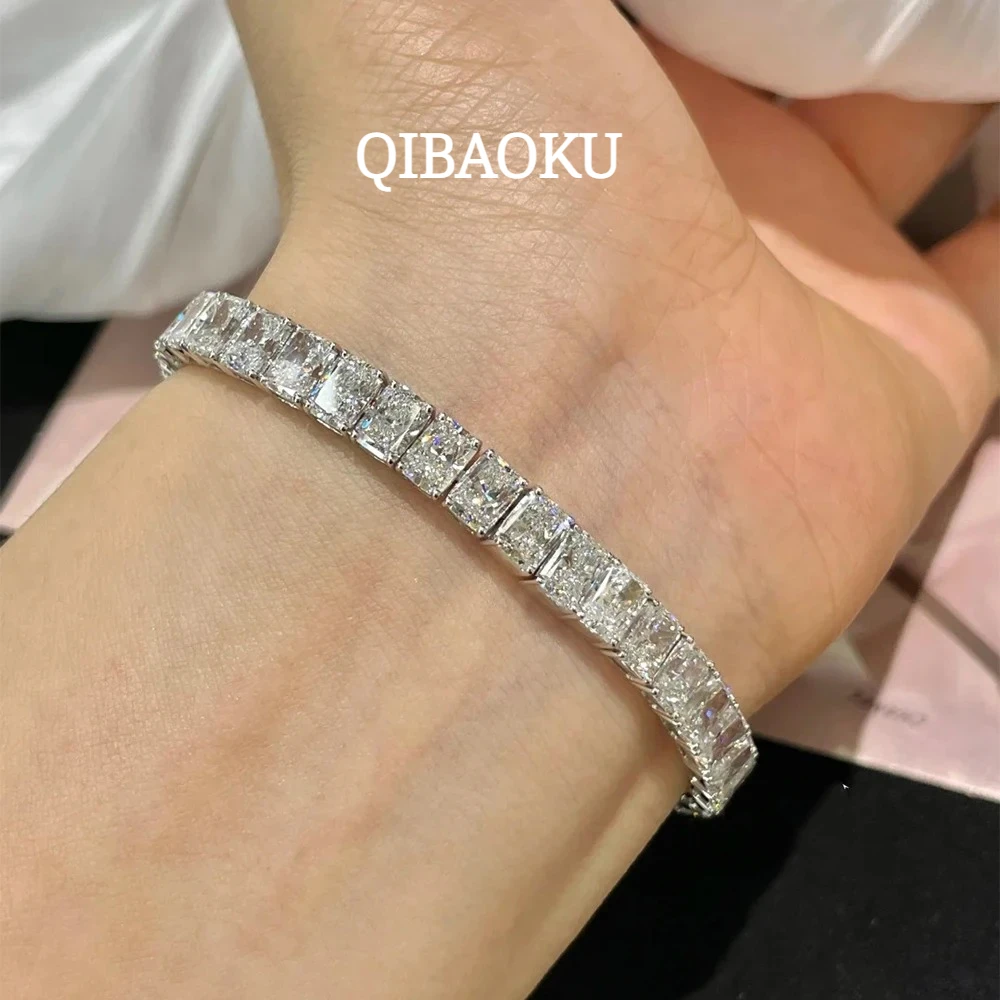 QIBAOKU 3*5mm Radiant Cut Moissanite Tennis Bracelet 100% S925 Silver Lab Diamond for Women Men HipHop HandChain Jewelry Gift