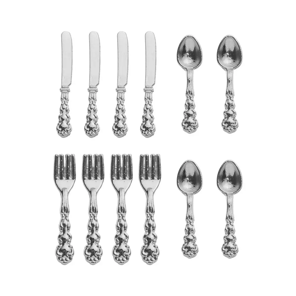 Mini cubiertos de simulación de oro y plata para muñecas, muebles de casa de muñecas a escala 1:12, 12 piezas, accesorios para muñecas, tenedor, cuchillo, cuchara, utensilios de cocina en miniatura