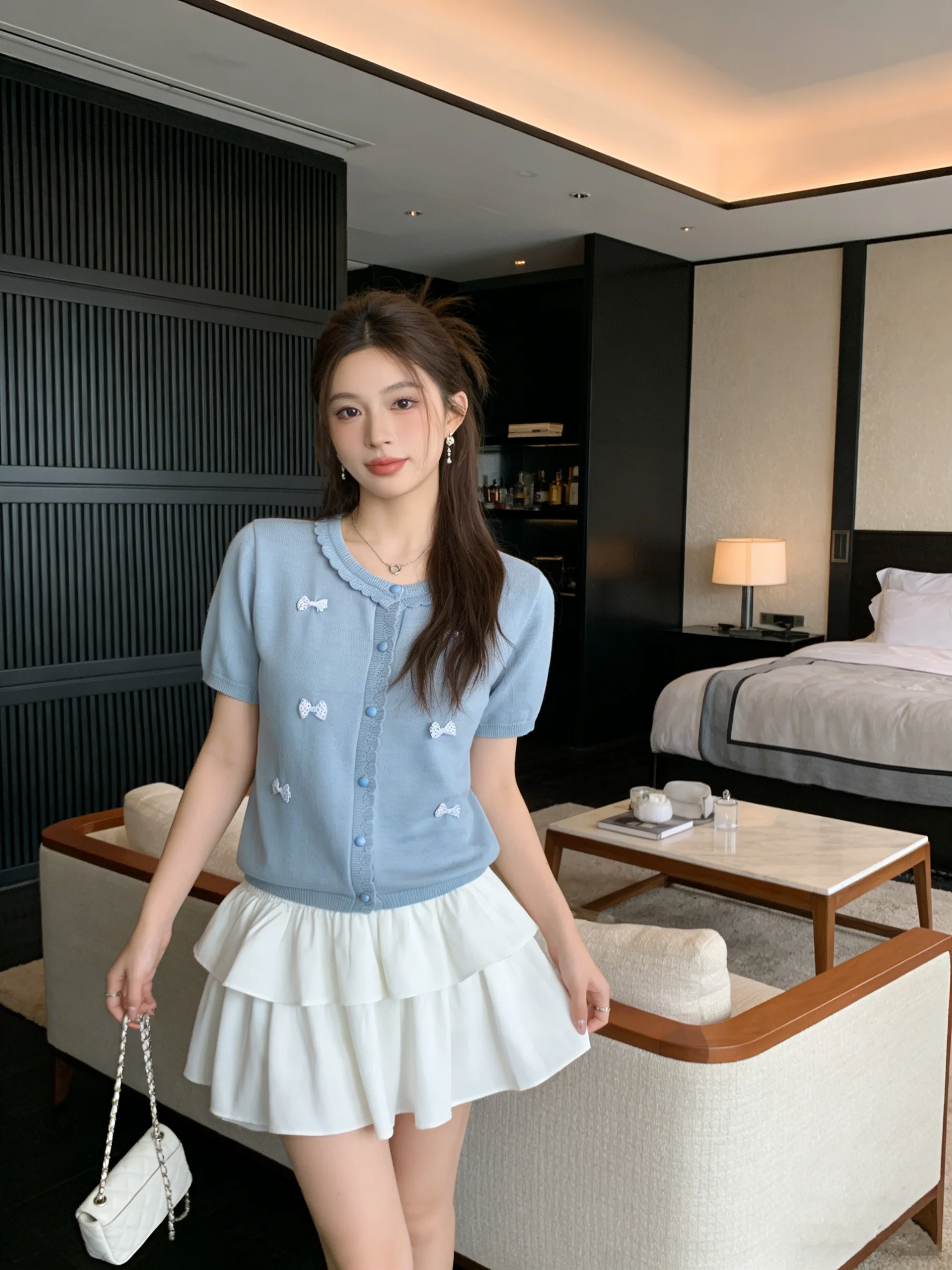 

Sweet Blue Knot Knitted ort Sve round Ne Slimming Soft Spring Cardigan Women's Korean Sle Breathable Casua...