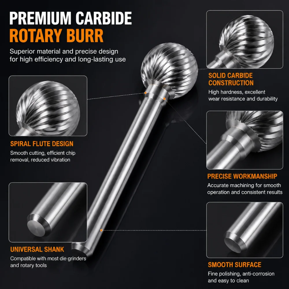 Tungsten Carbide Rotary Burr Double Cut Ball Shape Rotary File Metal Grinding Deburring Carving Die Grinder Tool Single Flute