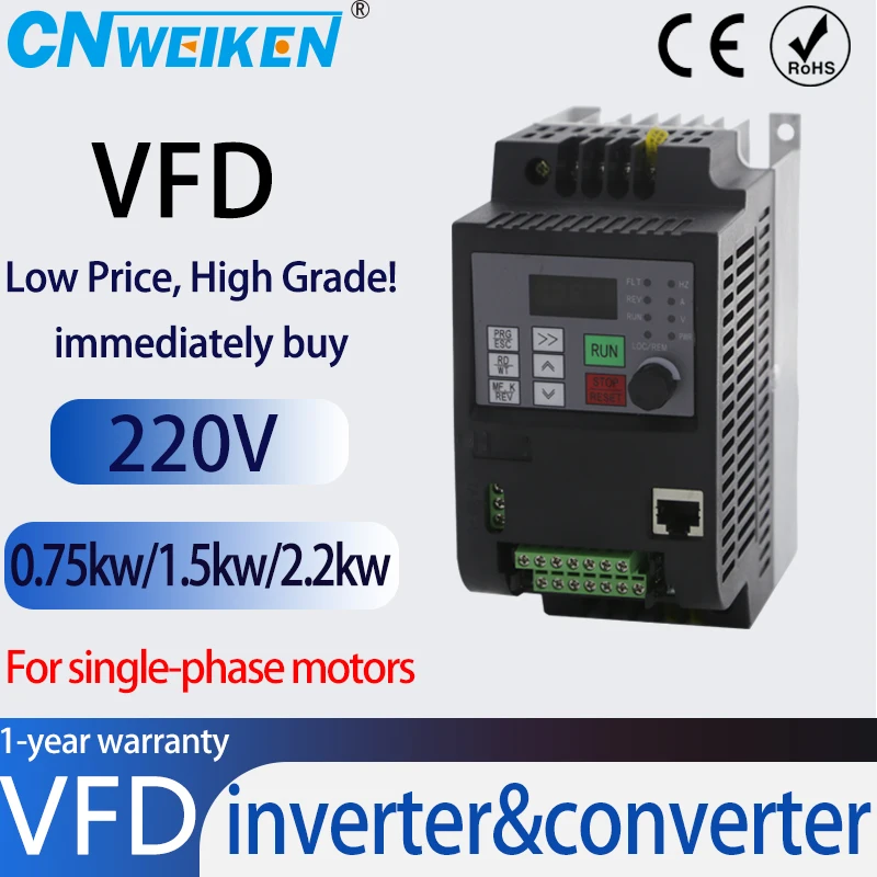 0.75KW-7.5KW VFD Input 220V 1ph to Output 220V/1phase Variable Frequency Inverter For Single Phase Motor Speed Control