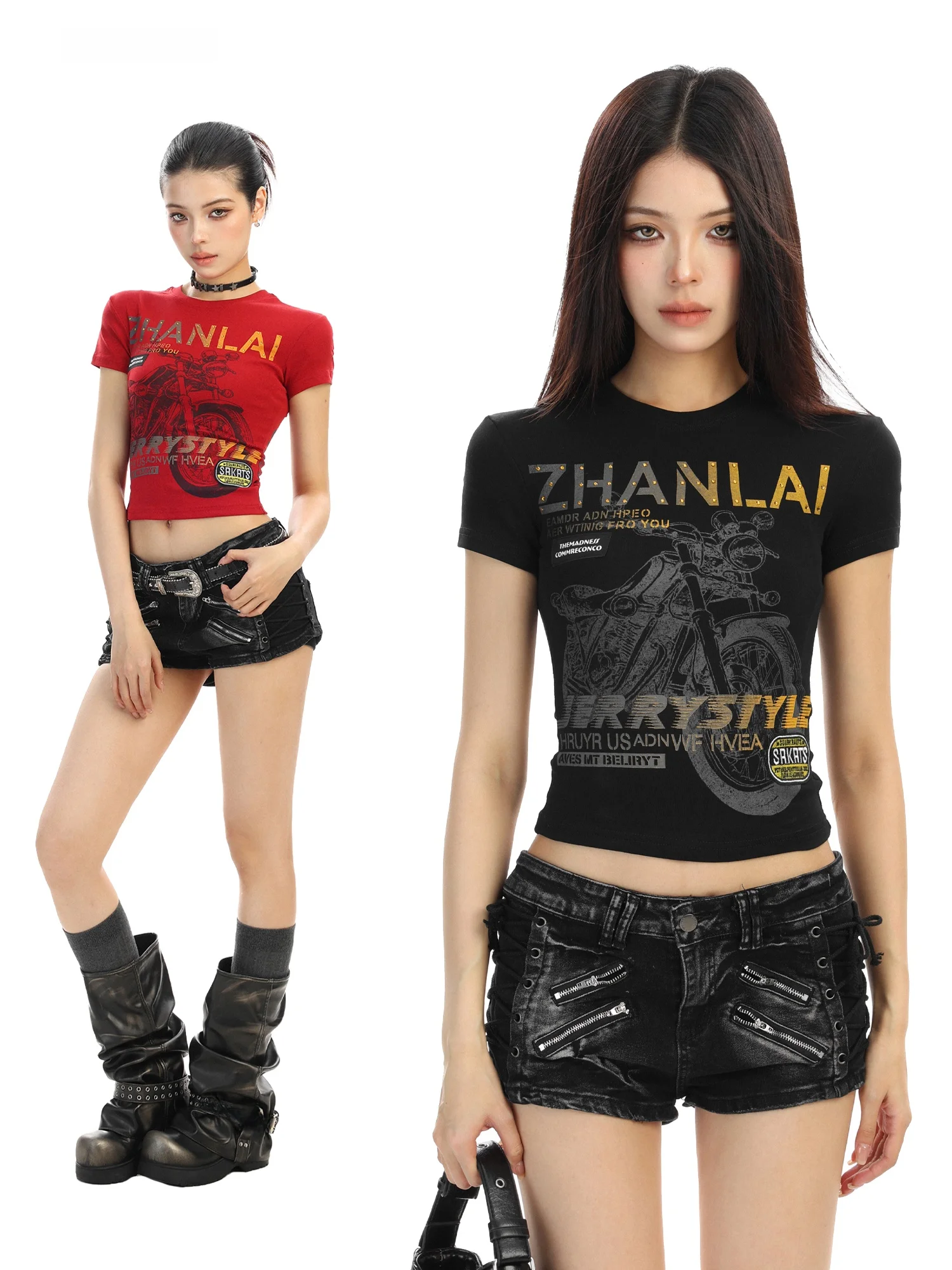 Sweet Cool Short Sleeve T-Shirt Women's Slim Fit Belly Show Summer Motorcycle Print Casual Style Creative Pattern round Neck ...