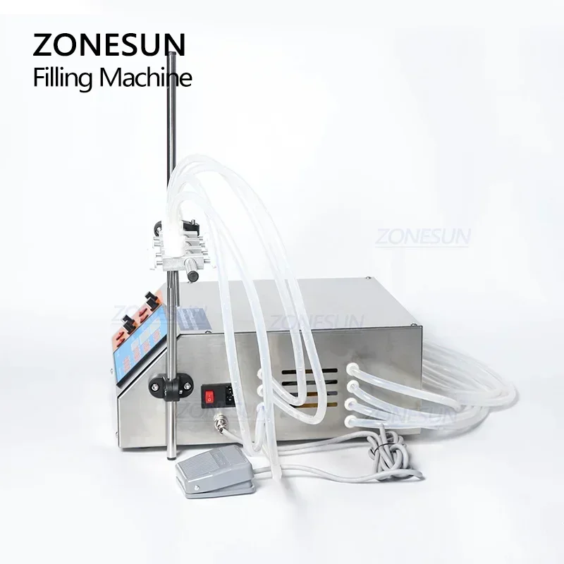 ZONESUN Полуавтоматический 4-головочный жидкий парфюмерный водный сок, эфирное масло, машина для наполнения с цифровым управлением, 3-4000 мл ZONESUN Полуавтоматический 4-головочный жидкий парфюмерный водный сок, эфирное масло, машина для наполнения с цифровым управлением, 3-4000 мл