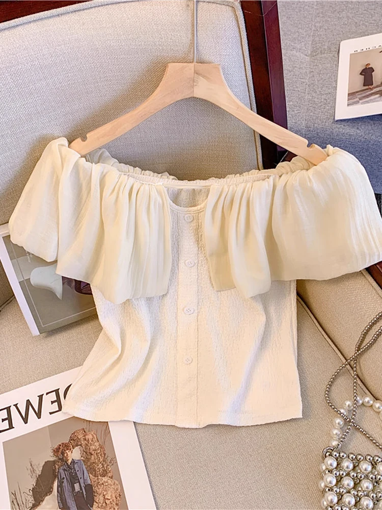 

Sweet Sle ort Sve Шифоновая блузка на одно плечо Fem Summer Faion Кружева в стиле пэчворк Подол Повседневная свободная посадка irt