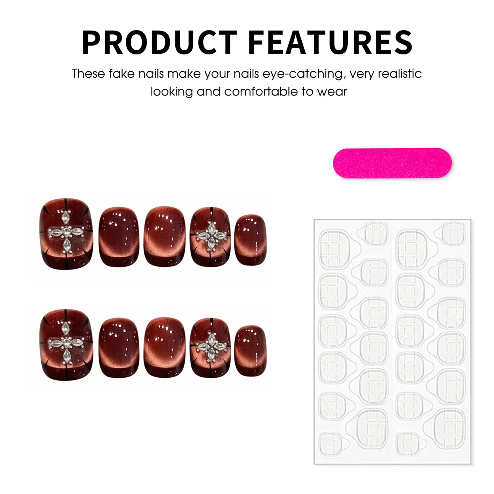 10 個ワインレッドキャッツアイプレスオンネイル手作りエレガントショートラウンドフレンチスタイル付け爪光沢のあるラインストーン装飾フェイクネイル