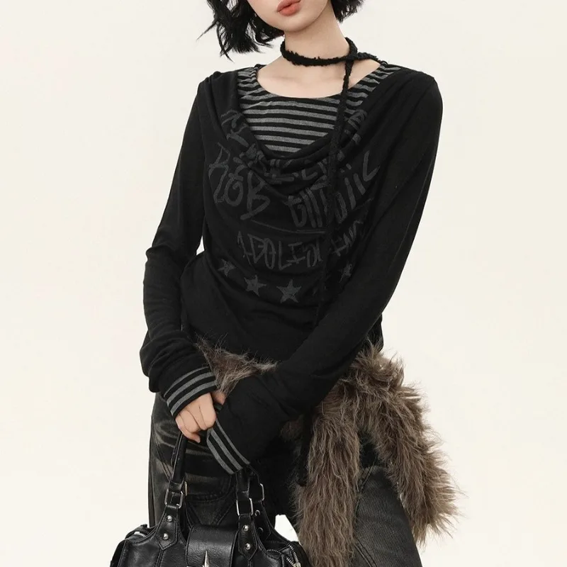 

Fake Two-piece Letter Printed Casual Long-sleeved T-shirt Women 2025 Autumn New Streetwear Contrast Color Patchwork Slim Tops