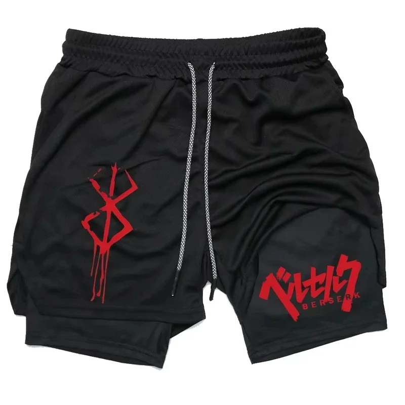 ‌Anime Berserk 2 in 1 Compression Shorts for Men - Running, Training, Yoga Gym Workout Sportswear with Pockets