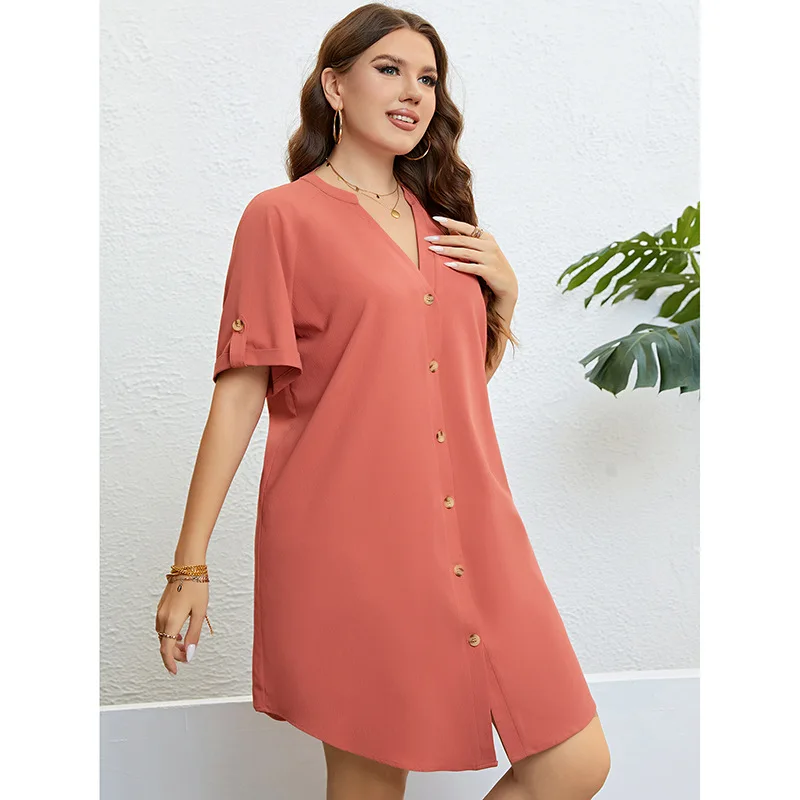 Plus Size Shirt Dress Short Sleeve Solid Orange Dress Oversized Women Clothing Short Dress Casual V Neck