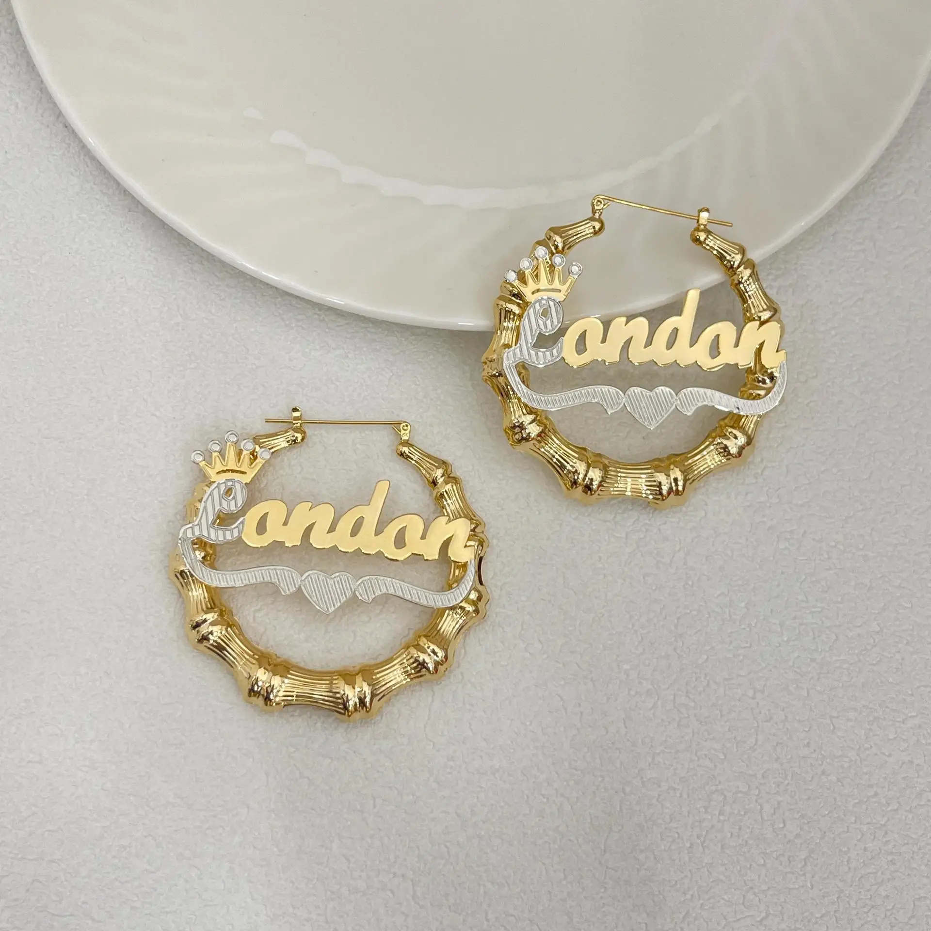 Custmized Two-color Heart round Big Bamboo for Women Name Earrings Personalized Stainless steel Jewelry Set Christmas Gifts