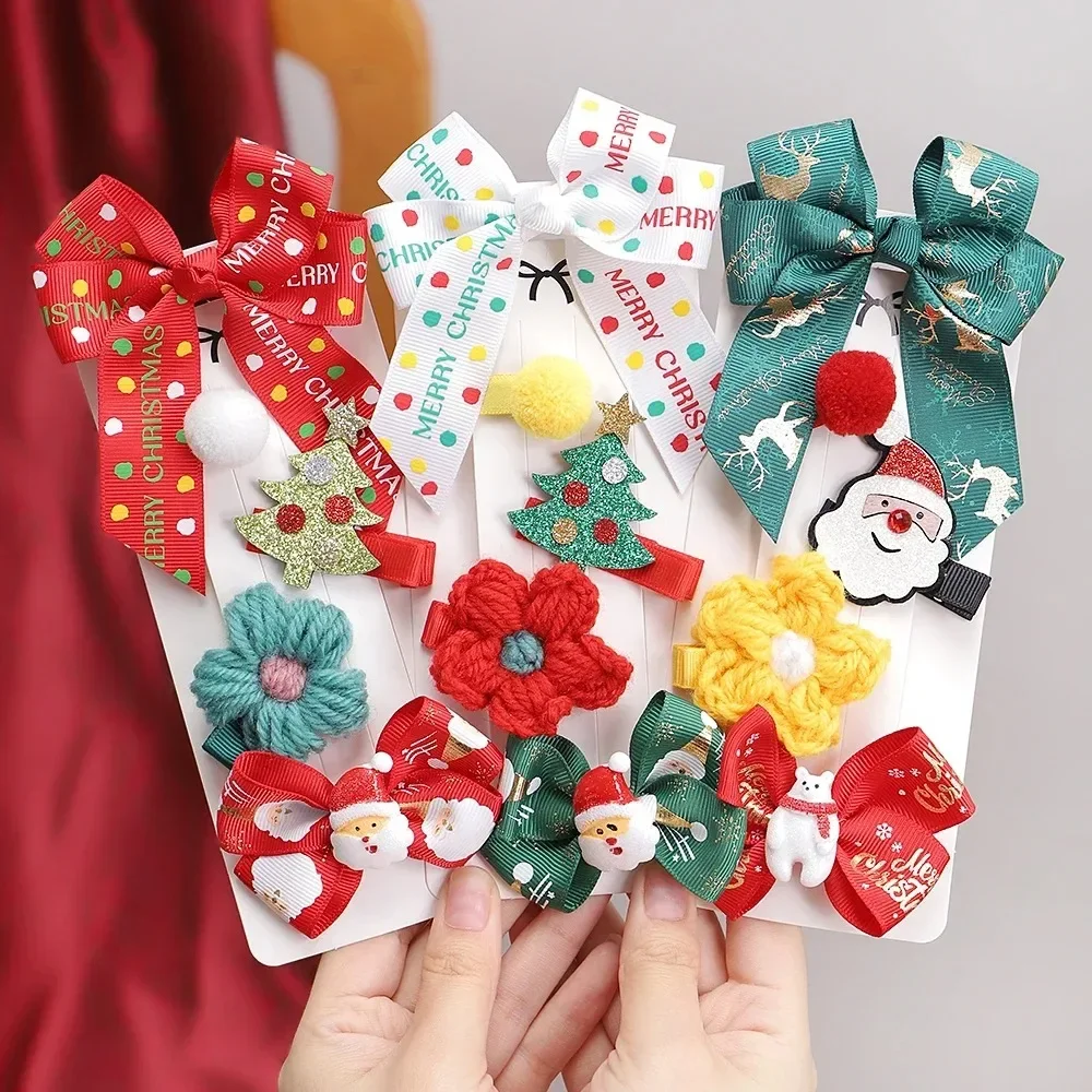 Christmas Elk Bow Hair Clips Set Cute Cartoon Hairpins Barrettes Side Clip Headwear Girls Childrens Hair Accessories Party Gifts