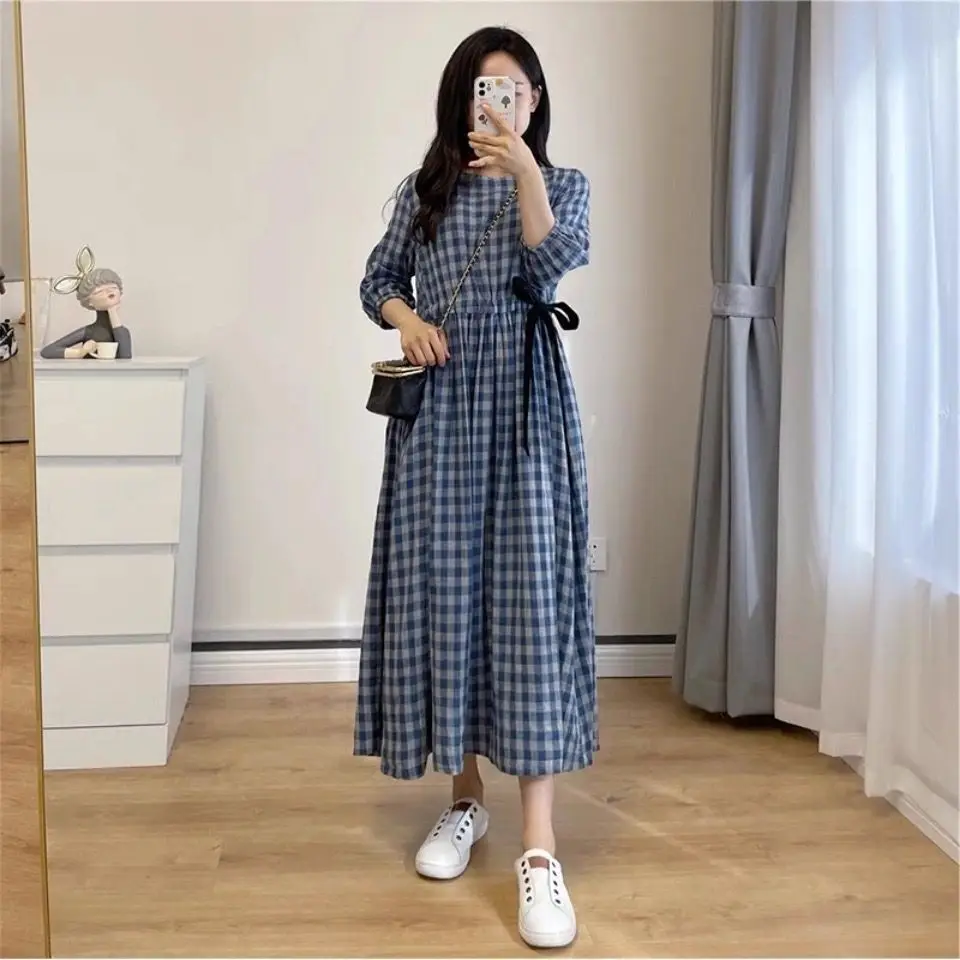 2022 Summer Pure Cotton Korean Loose Blue Plaid Waist Closing Medium Length Dress Women\'s Fashion Versatile