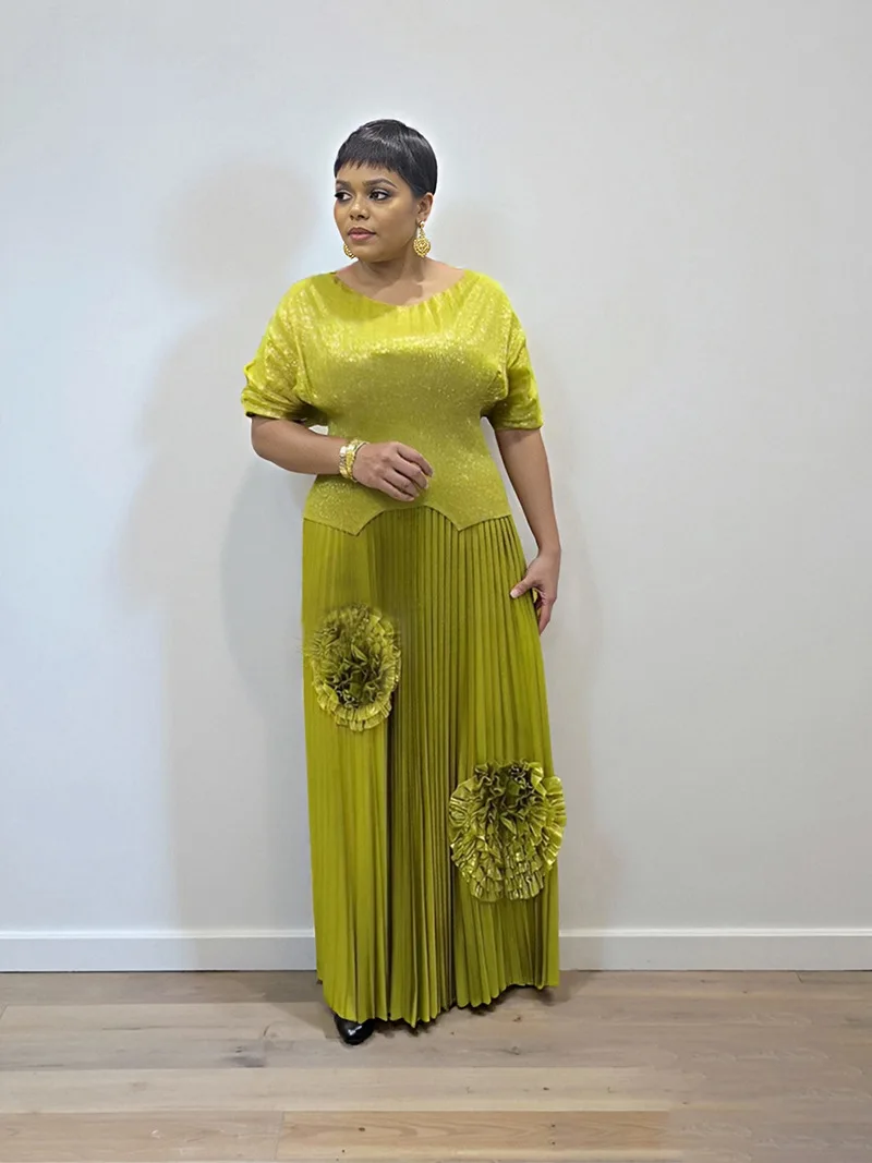 

African Dresses for Women Ankara Outfits Kaftan Two Piece Set Tops Pleated Skirt Suit Clothing Dashiki Party Traditional Robe