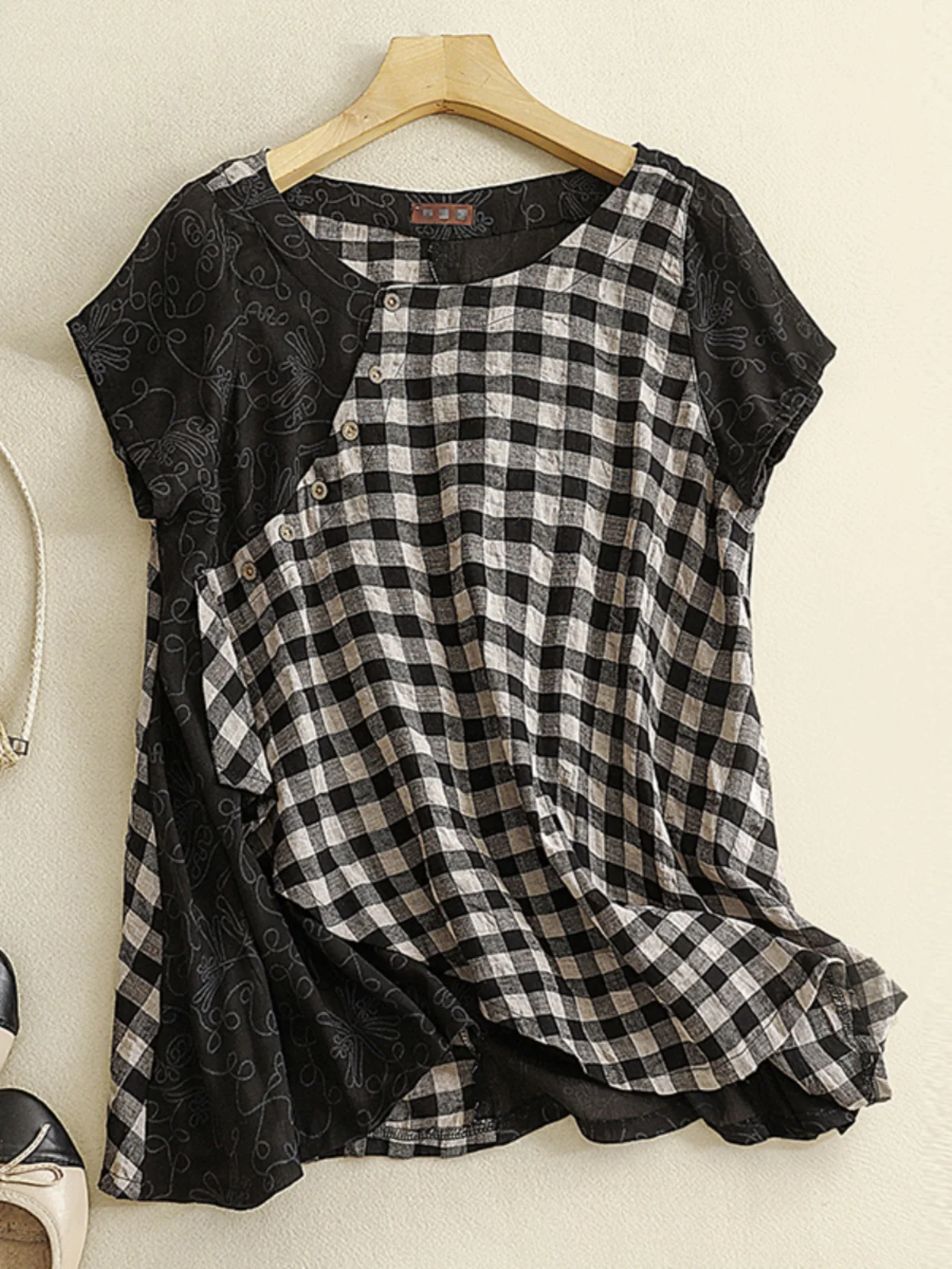 Retro Contrast Color Splicing Cotton Linen ort Sve irt Large Size Women's Faion round Ne Oblique Flap Irregular To...