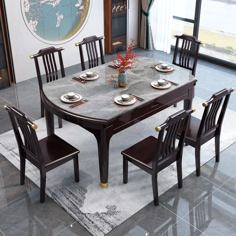 

New Chinese style, rock slab, dining table, solid wood, small apartment, household, telescopic, folding, dual-use