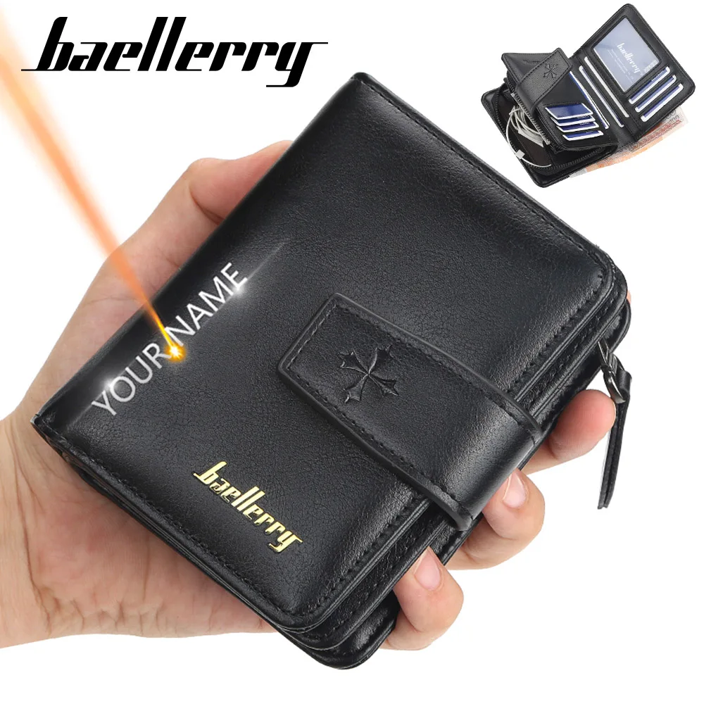 

Name Engraving Short Men Wallets Vintage Card Holder Male Purse Zipper Coin Pocket Photo Holder Small Mens Clutch Wallet