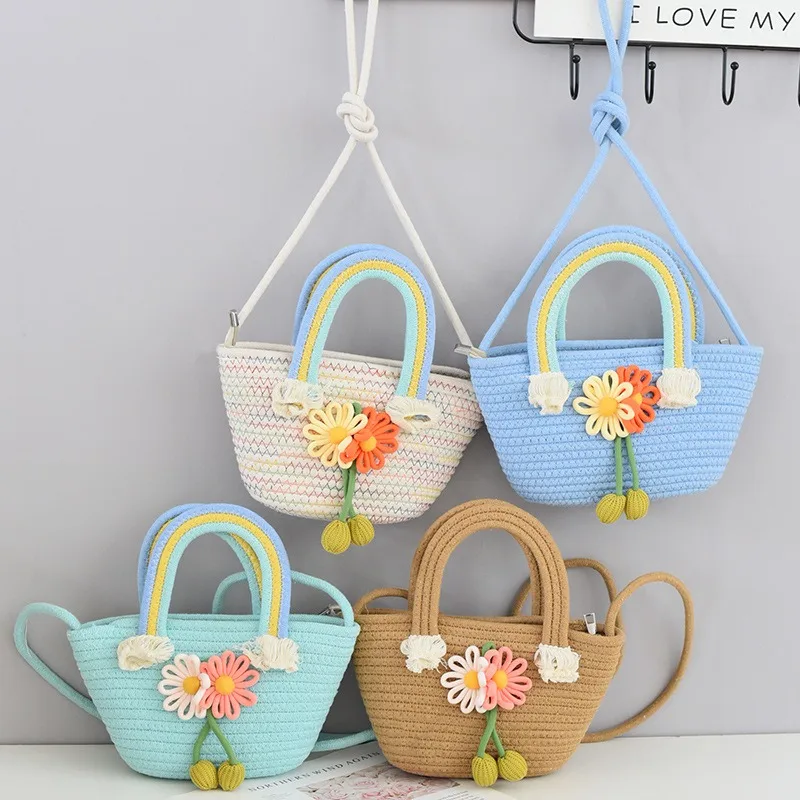 

Cotton rope cute cross-body bag hand-knit bag children's daily versatile rainbow bag foreign straw bag hand-picked gift bag