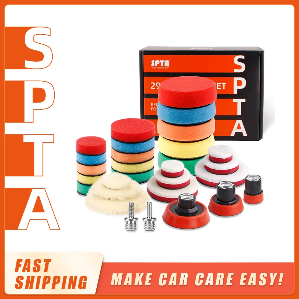 SPTA 29Pcs 1inch 2inch 3inch Mini Buffing Polishing Pads Kit Wool Pad Waxing Sponge Car Detail Polisher Pads Tools