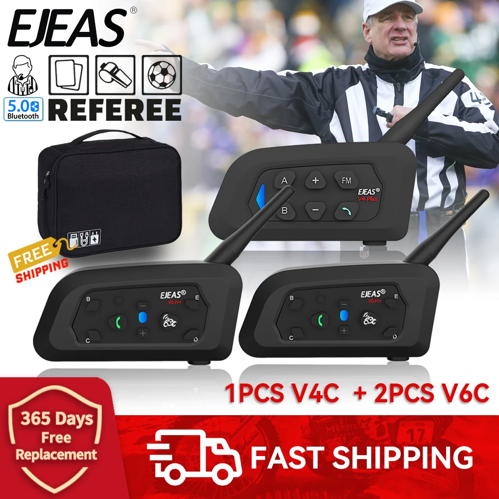 EJEAS V6C PRO+x2+V4C PLUS Football 3 Referee Intercom Headset Soccer Full Duplex Bluetooth 1200M Conference Interphone +Handbag