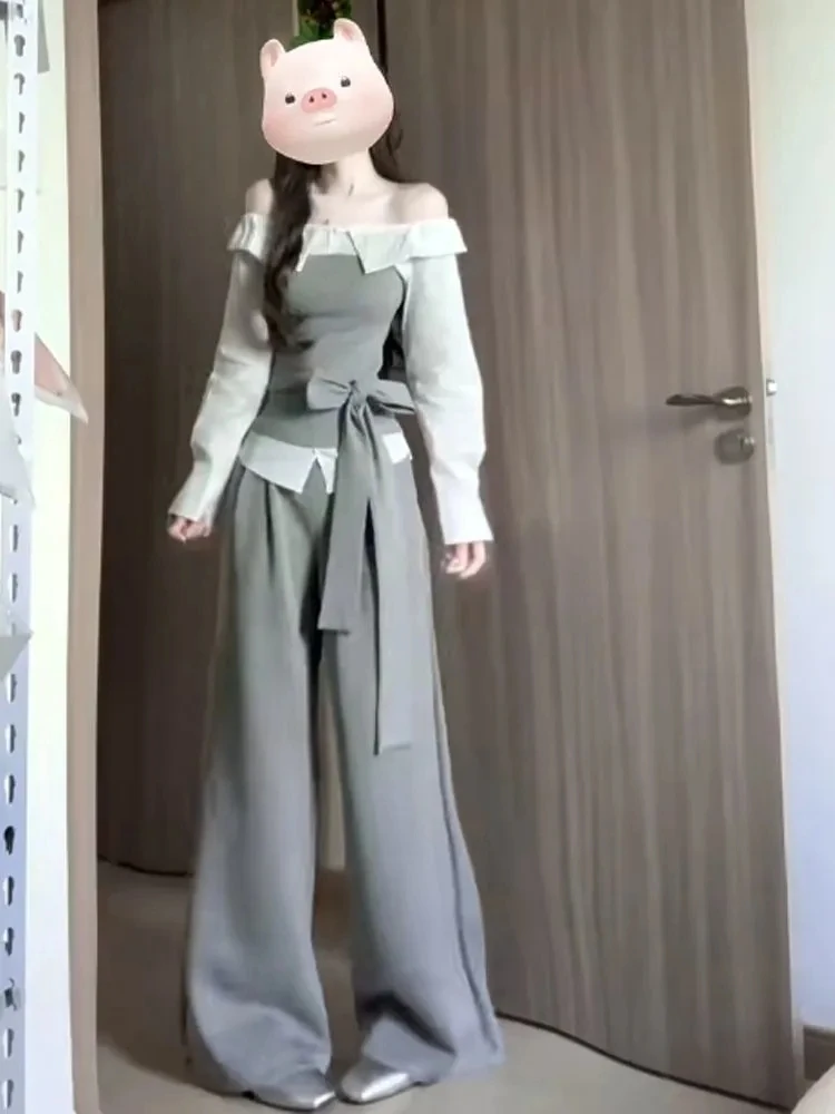 

Корейский дизайн, длинный женский комплект на одно плечо с поясом на талии, широкие брюки, осенний новый повседневный свободный крой