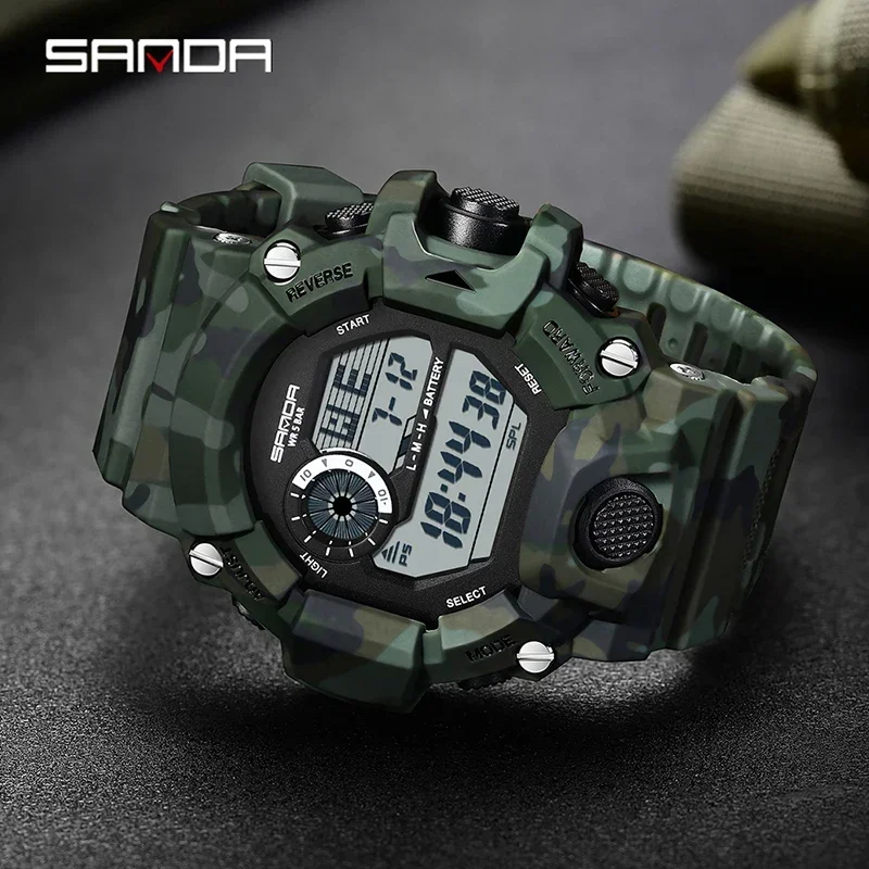 SANDA Mens นาฬิกาแบรนด์หรูนาฬิกาอิเล็กทรอนิกส์มัลติฟังก์ชั่นส่องสว่างจอแสดงผล LED ผู้ชายนาฬิกาทหาร 50M กันน้ํา 2183