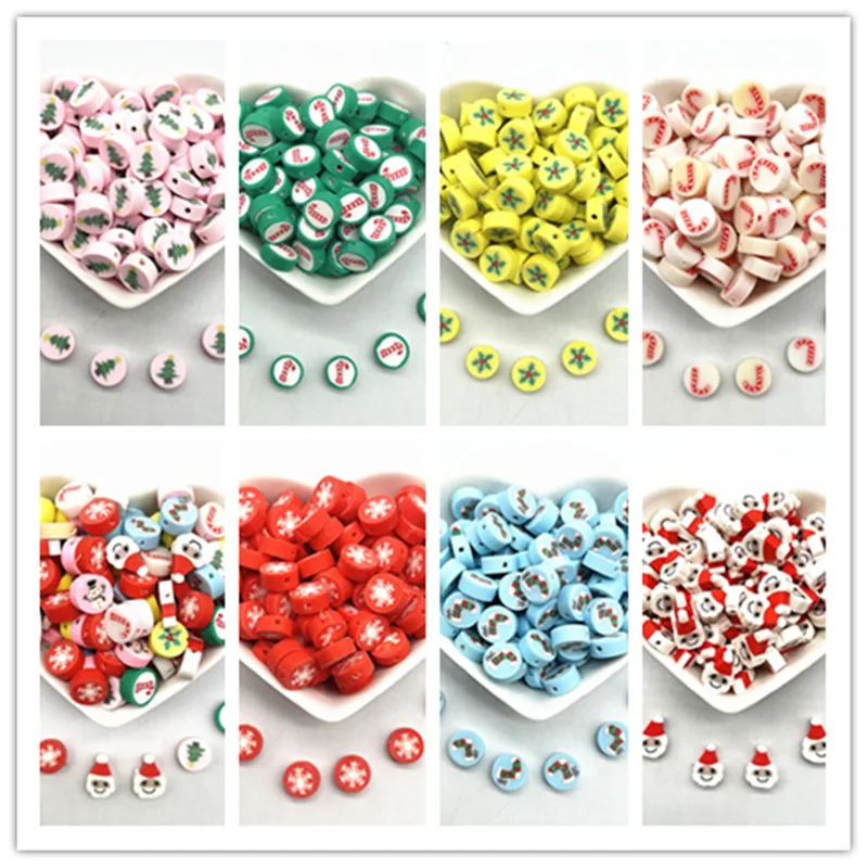 30pcs 10mm Christmas Pattern Beads Polymer Clay Spacer Loose Beads for Jewelry Making DIY Bracelet Accessories