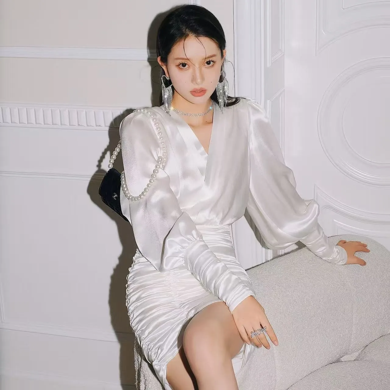 Long Sleeve V Neck Dresses Fitted Professional Elegance with Structured Cut a Line a Line Silhouette Elegant Women Dresses