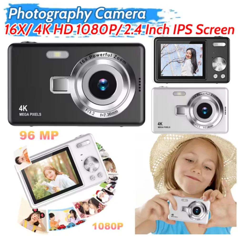 Цифровая камера 4K для фото и видео 2,4-дюймовый IPS-экран, 16-кратный оптический зум, HD-камера 1080P для студентов, подарки на день рождения
