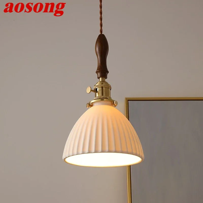 

AOSONG Nordic Brass Pendent lamp Modern Bedroom Bedside lamp Retro Ceramic LED Restaurant Bar Aisle Chandelier