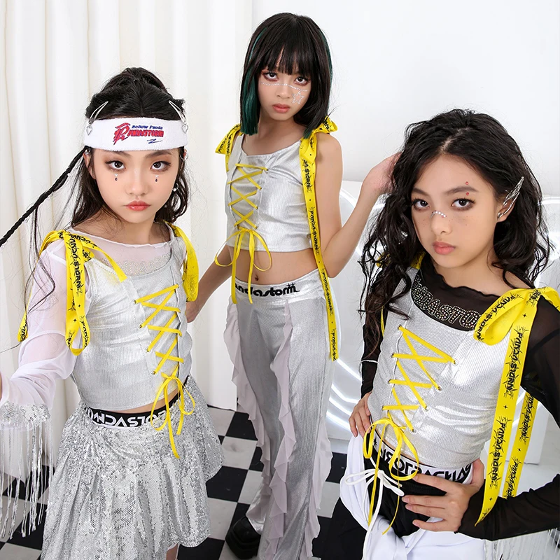 

2024 Jazz Dance Costume Girls Sequin Silver Suit Kids Hip Hop Dance Performance Competition Clothing Festival Outfits BL13881