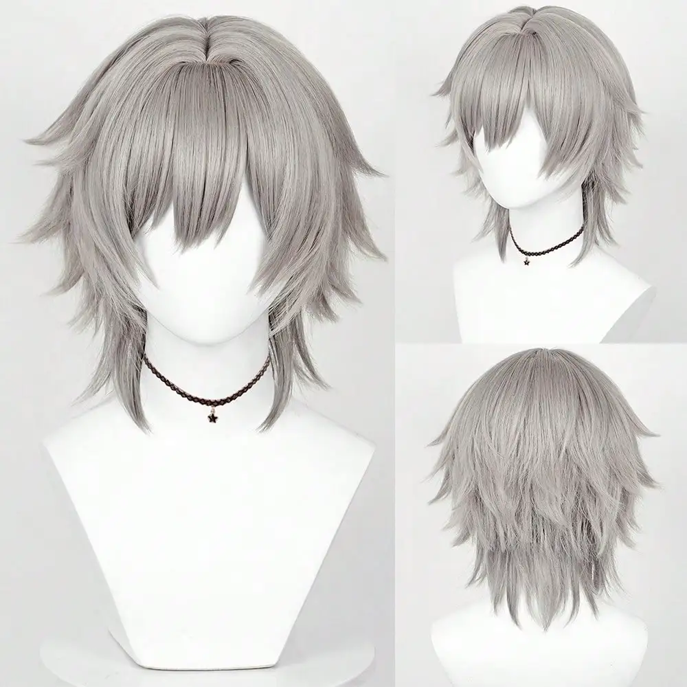 

Men Synthetic Grey Wigs Anime With Bangs Synthetic Straight Cosplay Hair Wig for Daily Party