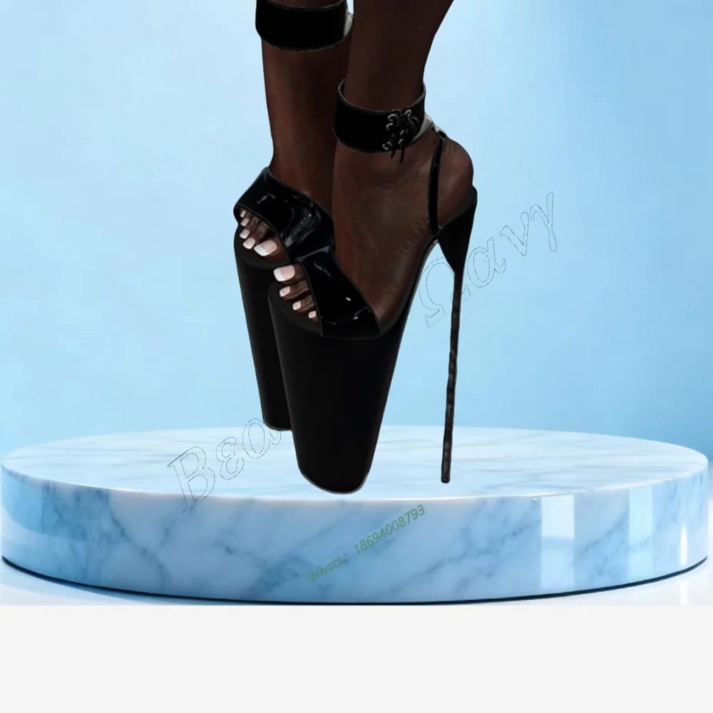 

Black Patenf Leather Platform Sandals 30cm Heels Round Toe Hollow Thin High Shoes Sexy Women Shoes New Zapatos Para Mujere