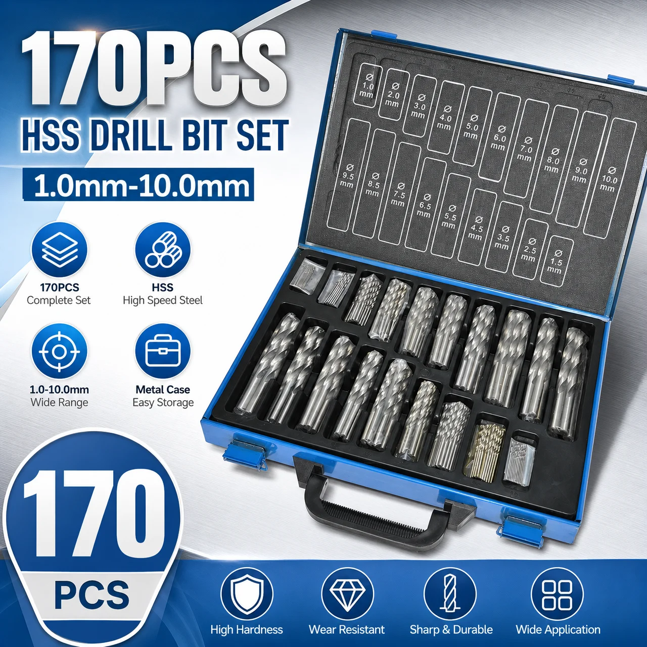 170PCS Metric Twist Drill Bit Set 1.0-10.0mm High-Speed Steel in Hard Case for Home And Garage