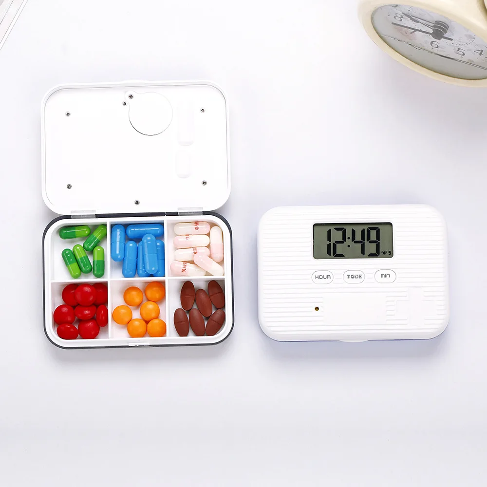 Portable Smart Pill Box Timed Reminders 4/6 Compartments Pill Organizer Electronic Reminder Pill Case with Timer 5-Group Alarm