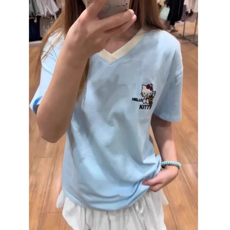 

American retro Spice Girl Hello Kitty short sleeves, summer cotton V-neck top, sweet wind cartoon T-shirt, Sanrio short sleeves