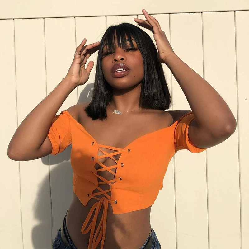

Alimice Glueless Wig Human Hair Straight Short Bob Blunt Cut Wig With Bangs Full Machine Made Bob Wigs Glueless Wigs For Women