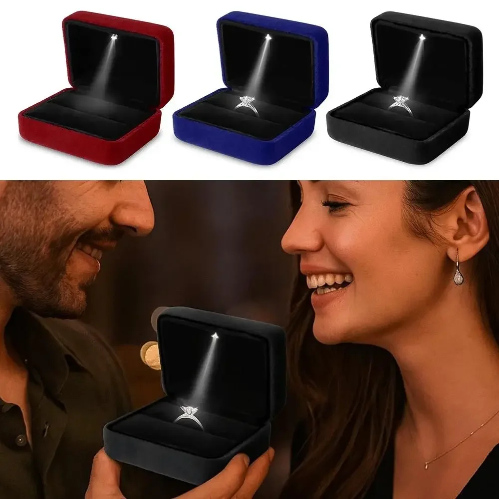 

Delicate with LED Light LED Light Ring Box Velvet Square Wedding Ring Box Solid Color Gift Packaging Box Ring