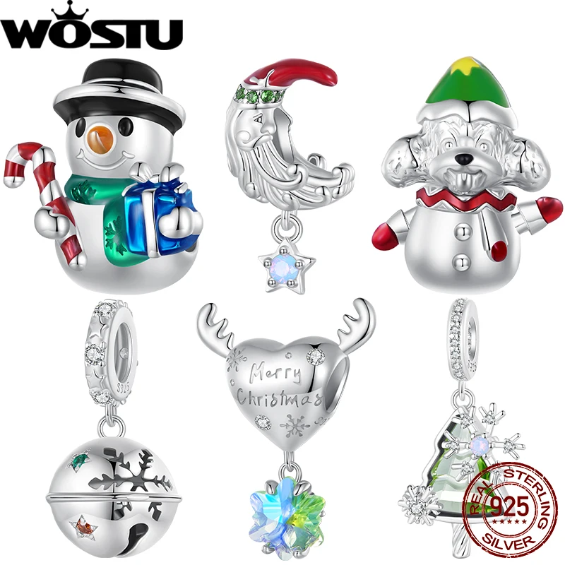 WOSTU 925 Sterling Silver Heart Elk Snowflake Charm Moonlight Santa Christmas Tree Bell Pendant Fit Original Bracelet Xmas Gifts